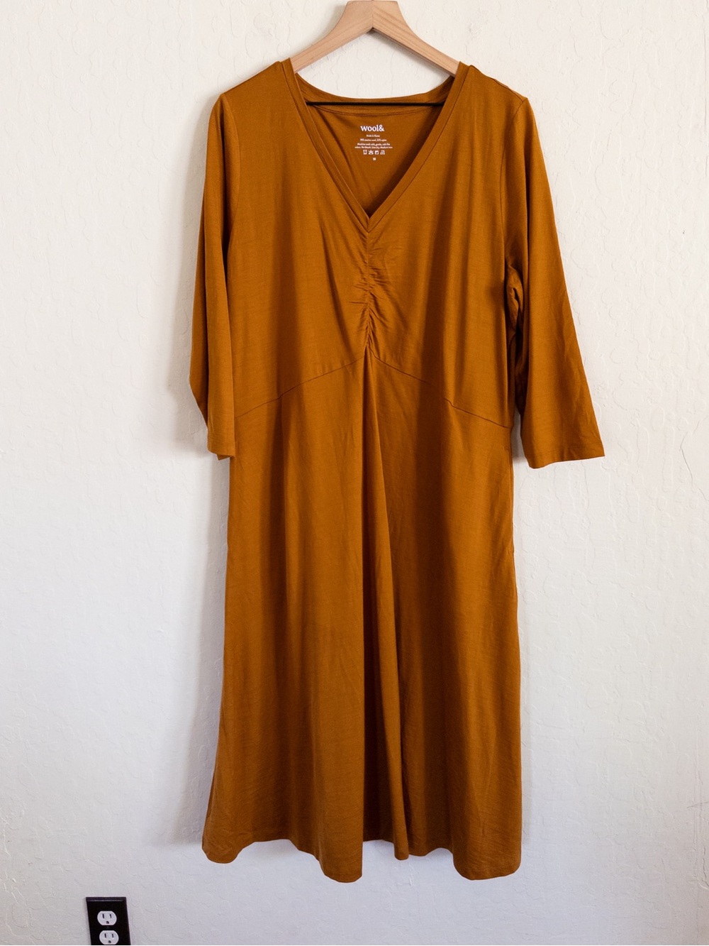 Wool& Emilia Merino Wool 3/4 Sleeve Ruched Front Midi Dress Plus Size 1X Brown